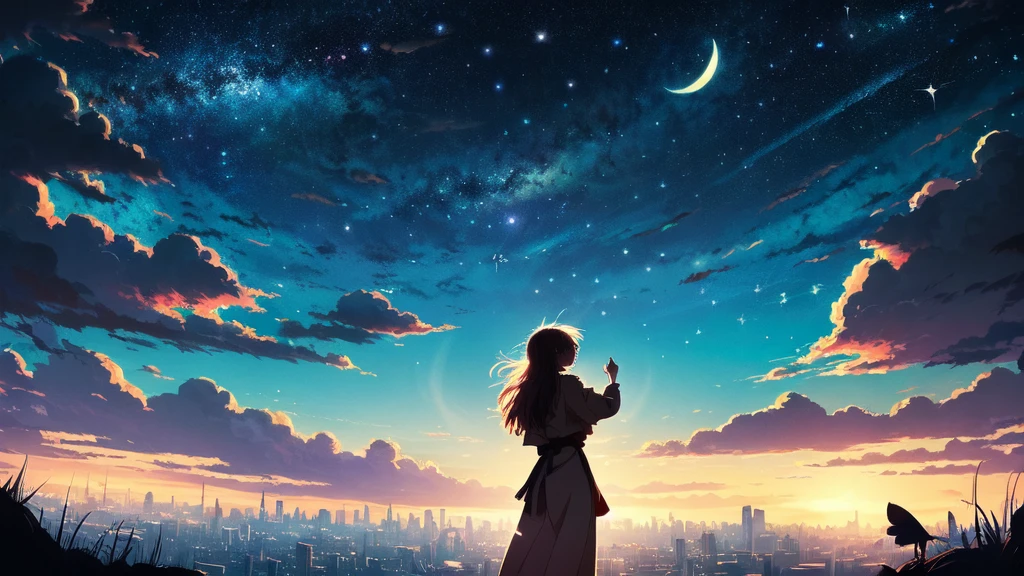 An anime that looks up at the stars in the night sky, Anime Style 4k, 4K Manga Wallpapers, 4k anime wallpaper, Lofi Artstyle, LOFI Girl, anime art wallpaper 4k, anime art wallpaper 4k, anime wallpaper 4k, anime wallpaper 4k, Lofi Art, Anime Art Wallpapers 8K, Makoto Shinkai Cyril Rolland