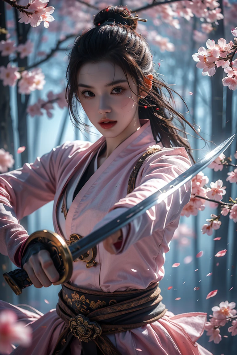 Upper Body,Blade to the side,Striking posture,Blade down,Right hand blade,Cherry blossoms,, (masterpiece, best quality, high quality, High resolution, Super detailed),