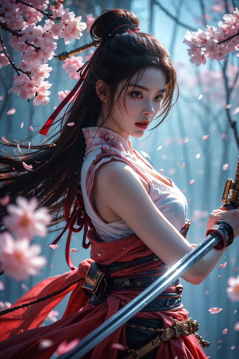 Upper Body,Blade to the side,Striking posture,Blade down,Right hand blade,Cherry blossoms,, (masterpiece, best quality, high quality, High resolution, Super detailed),