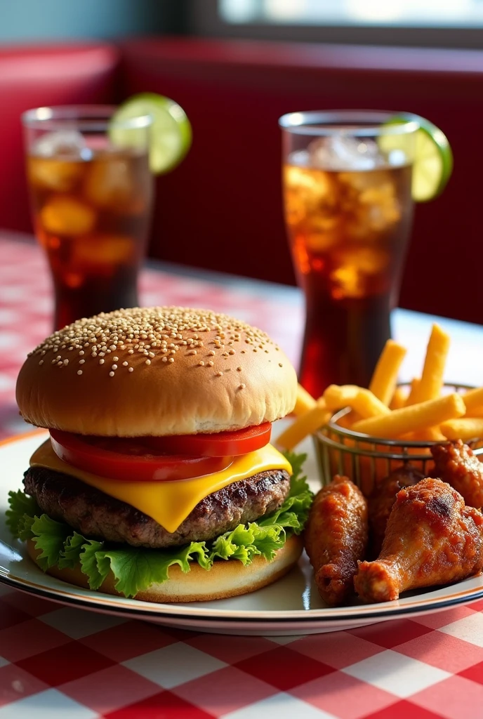 Simple burger, simple burger, French fries, four chicken wings, two cokes in a glass