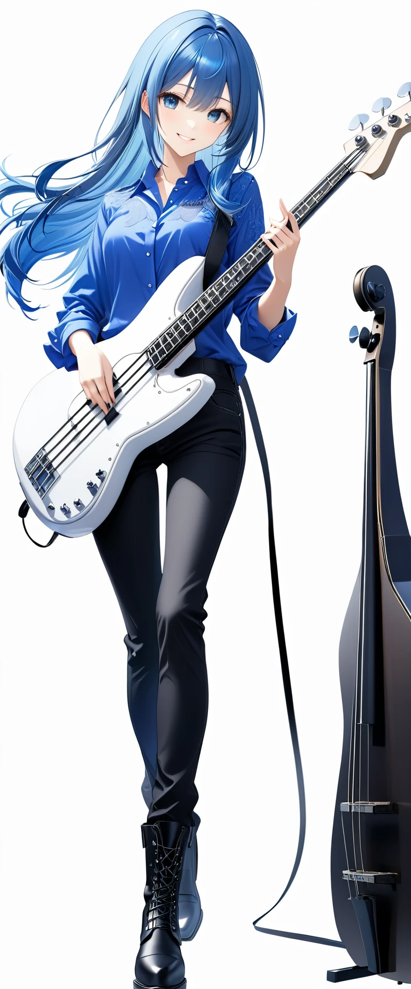 (((White background:1.5)))、(((The subject and the electric bass are fully in the frame.:1.2))),(full body),(very wide shot)、(masterpiece、Ultra HD、Highest quality、Masterpiece、4K:1.2)、Slender body、A Scandinavian metal girl playing a blue electric bass, A gentle gaze at the camera, Intricate details, Highly detailed eyes, Highly detailed fingers、Long blue hair、Blue shirt and black jeans, Put on your boots、Intricate details、A kind smile、Are standing