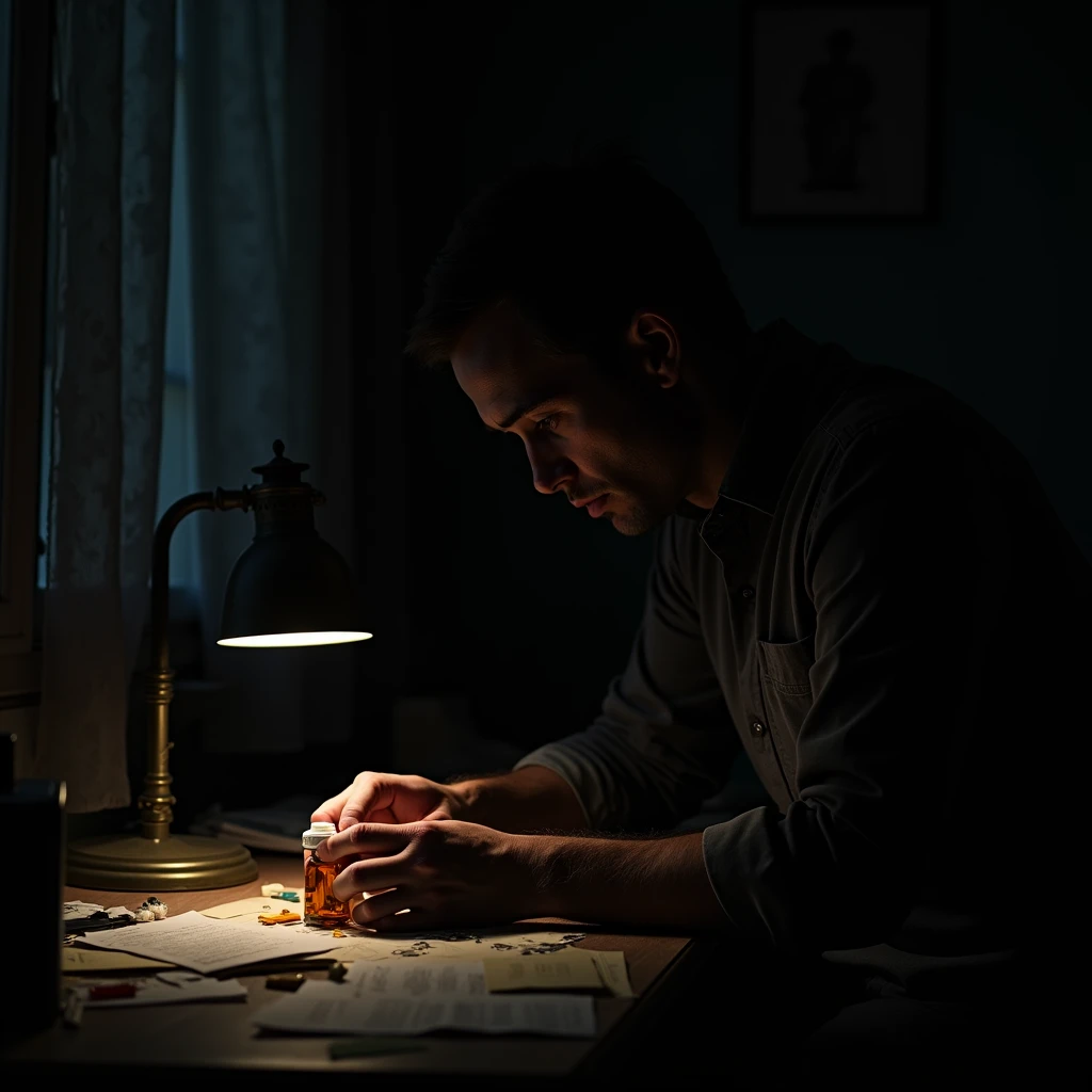 I need a picture of a man taking a pill bottle in his dark room.