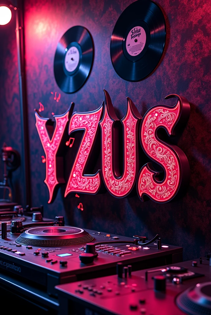 I want an image with the name YZUS but only with that name and that has to do with music production and that the image is extravagant
No people and purple, red and black colors
More exotic letters
More urban
With a studio in the background