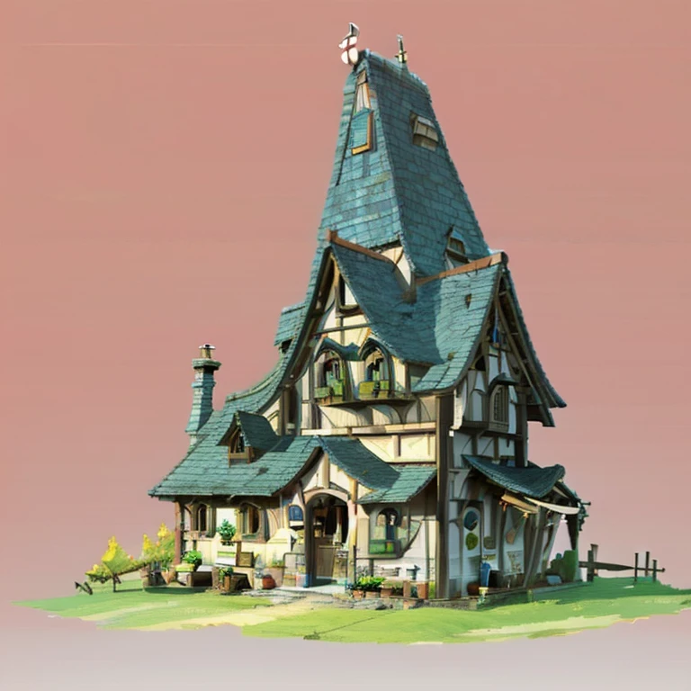 A cute little medieval wooden house with a "The Grand-Yellow Competition" sign on the roof, big beer barrels in front of it, and small animals around. The style is simple, casual game art, with Clash Royale-inspired graphics, an isometric view, soft, smooth lighting, a pink background, a 3D cartoon scene, and a low-poly sketch with soft gradient colors.