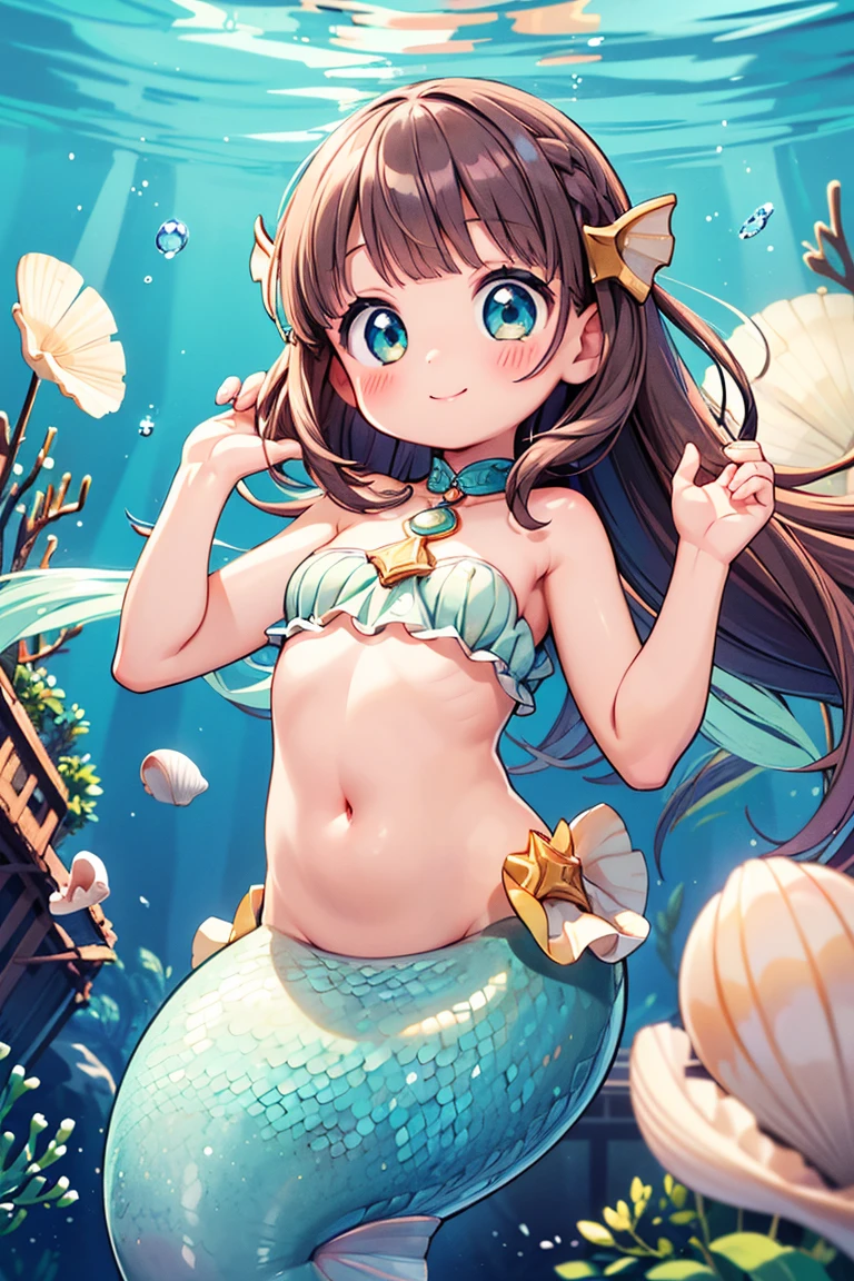 Beautiful illustration, best quality, cute girl, ((Under the water)), ((Sunken ship at background)), pastel color, natural tones, ((Dark hair)), ((Seashells)), ((Cute mermaid girl)), ((Looking at viewer)), ((Slim body)), ((Navel)), ((Smile)), (Blush), bright lighting, ((Big eyes)), ((Perfect hands))