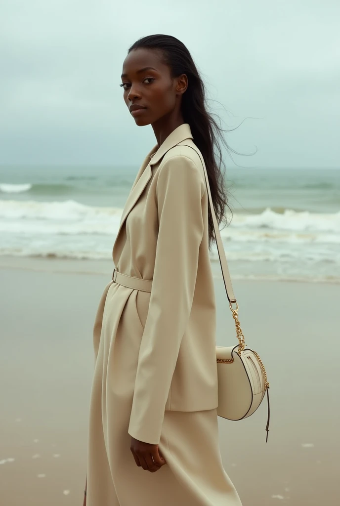 An African female model, wearing a simple, loose beige suit and carrying a white leather bag in the style of Jacquemus, is photographed on an empty beach with a gray sky. The photograph is taken by Yves Saint Laurent, who is holding the model's hair back, made with kodak portra 400 colors