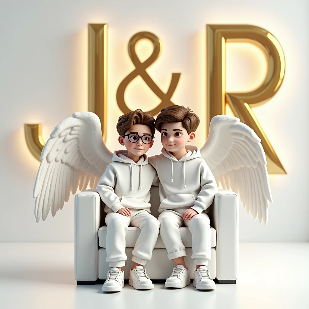 create a realistic 3D image of a couple casually dressed in white sitting on an armchair, vistiendo una sudadera con capucha del real Madrid FC, shoes and glasses. The boy is looking forward, The background shows "J&r" in large, capital gold letters on the white lighting wall. There should be no shadows and wings should be added to make it look like he and she are an angel.