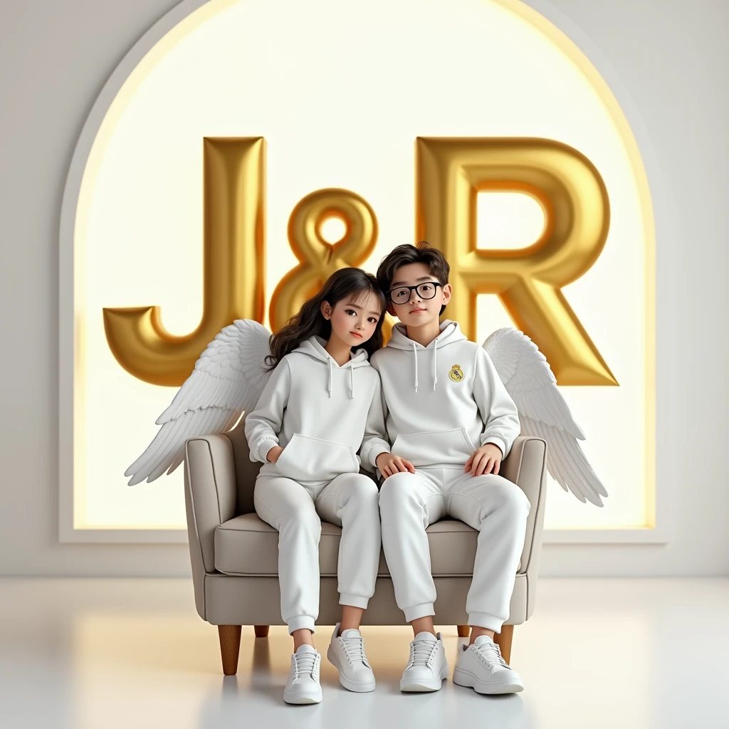 create a realistic 3D image of a couple casually dressed in white sitting on an armchair, vistiendo una sudadera con capucha del real Madrid FC, shoes and glasses. The boy is looking forward, The background shows "J&r" in large, capital gold letters on the white lighting wall. There should be no shadows and wings should be added to make it look like he and she are an angel.