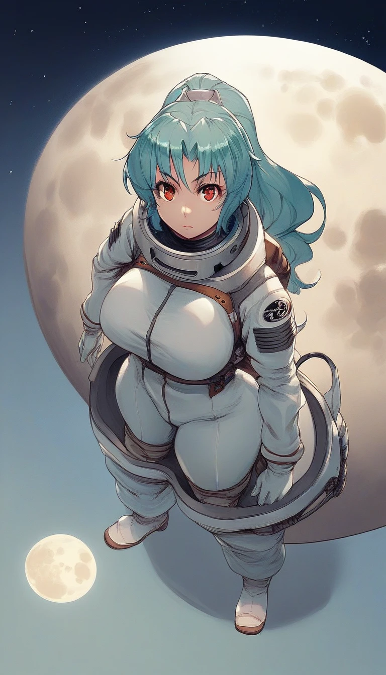 score_9, score_8_up, score_7_up,  tomoesd, 1girl,solo, a woman with huge breast standing on the moon, wearing a spacesuit, looking at viewer, from above, 
 