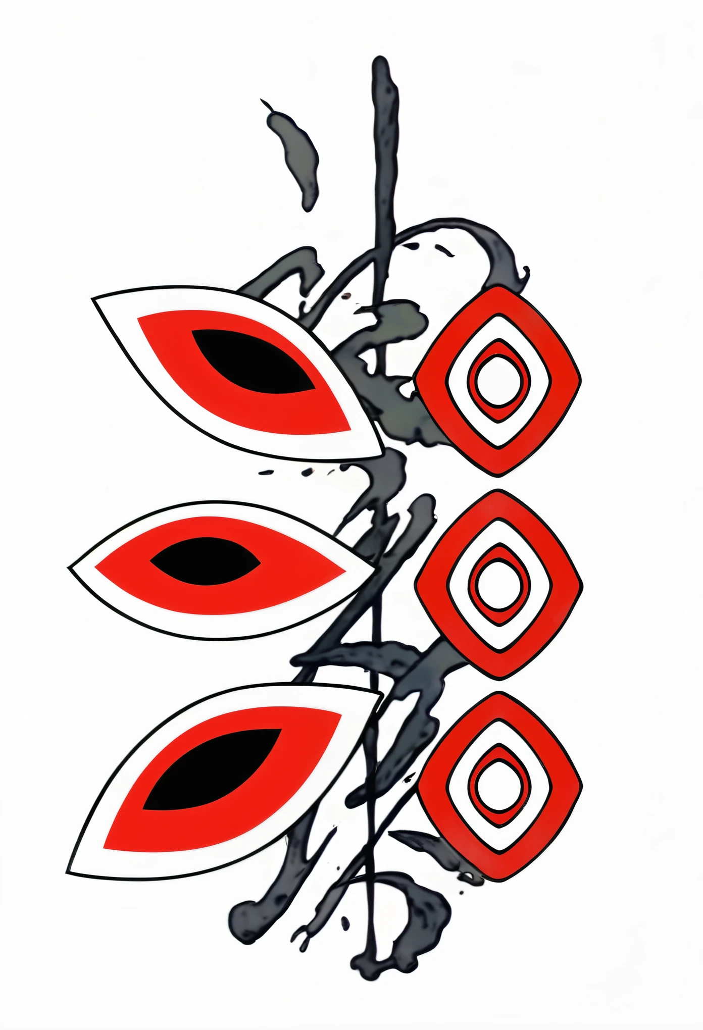 there are three red eyes on the right and three white eyes with black and red on the left, red left eye stripe, red and white and black colors, one eye red, black and white and red colors, red white and black color scheme, red left eye, red black and white, red black white colors, red white and black colors, black white and red colors, chinese writing with a red brush and a red background, title kanji, wuxia, inspired by Sōtarō Yasui, inspired by Shūbun Tenshō, red writing, inspired by Cao Zhibai, inspired by Kanō Hōgai, artwork in the style of z.w. gu, rustic texture, thick drawing outline, black thick outlines, inspired by Jin Homura, epic anime style, ink splatter