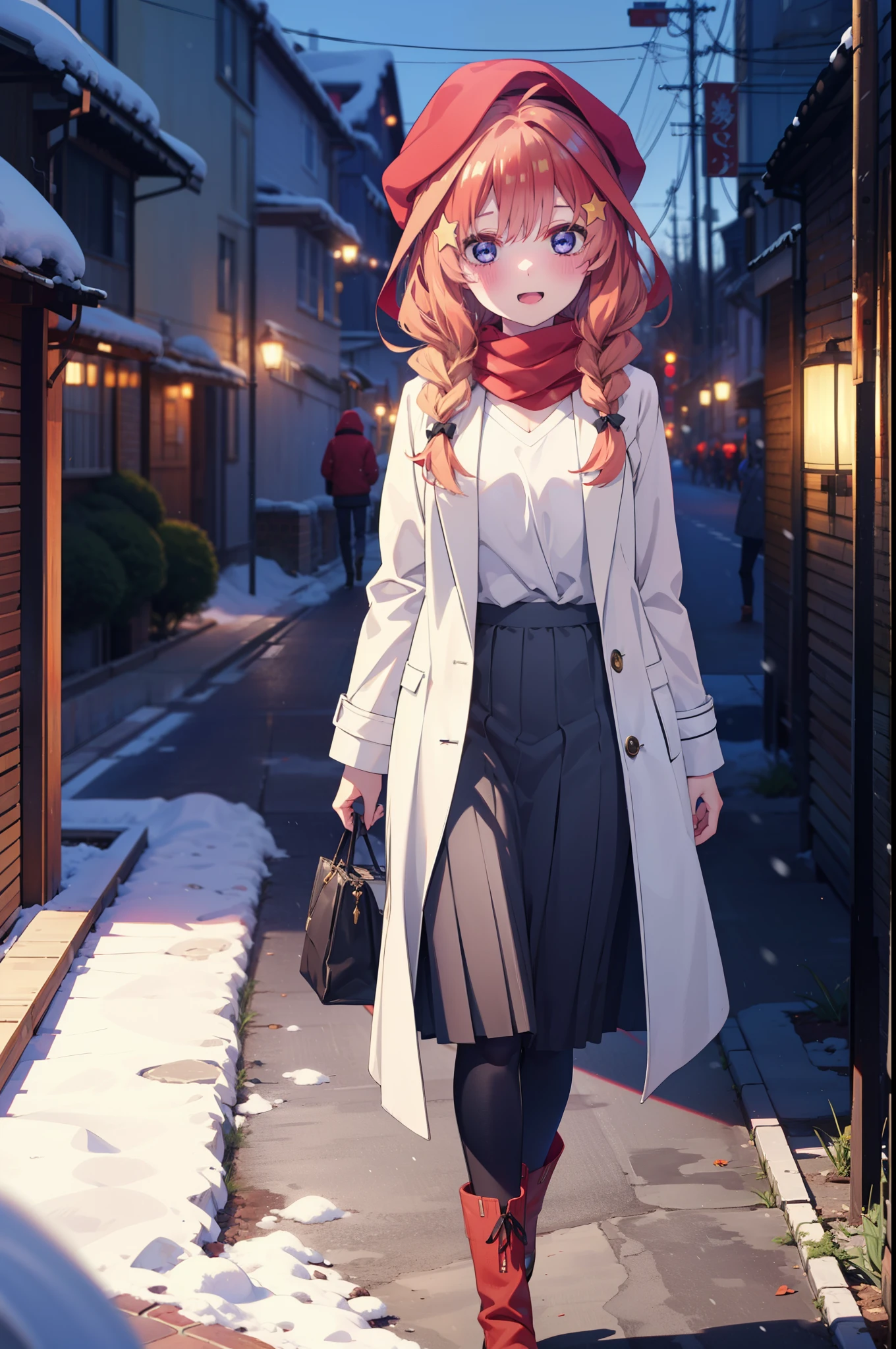 itsukinakano, Itsuki Nakano, bangs, blue eyes, Hair between the eyes, Ahoge, Redhead, star \(symbol\), hair ornaments, star hair ornaments,smile,Open your mouth,White Breath,blush,Long, thick braids,Knitted hat,White scarf,Red long coat,V-neck sweater,Black long skirt,Red pantyhose,short boots,snowが降っている,snowが積もっている,snow,snow,snow,snow,Walking,whole bodyがイラストに入るように,night,
break outdoors,Residential Street,
break looking at viewer, whole body,
break (masterpiece:1.2), Highest quality, High resolution, unity 8k wallpaper, (figure:0.8), (Beautiful attention to detail:1.6), Highly detailed face, Perfect lighting, Highly detailed CG, (Perfect hands, Perfect Anatomy),