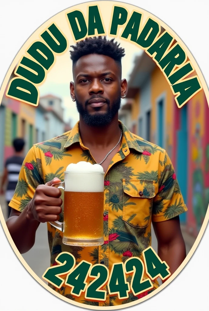 Create a photo of a WHITE MAN with an alcoholic beverage in his hand with the name DUDU DA PADARIA on the IMAGE.. and the number 242424 round image to turn into a political sticker