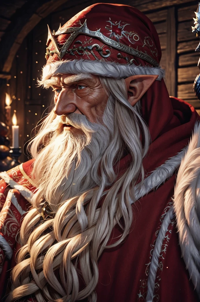 a highly detailed and realistic portrait of an old elf man with a long white beard, pointy ears, and blue eyes, wearing a Norse Viking outfit with a brown hood and a Santa Claus cape, cinematic lighting, intricate details, 8K, best quality, masterpiece