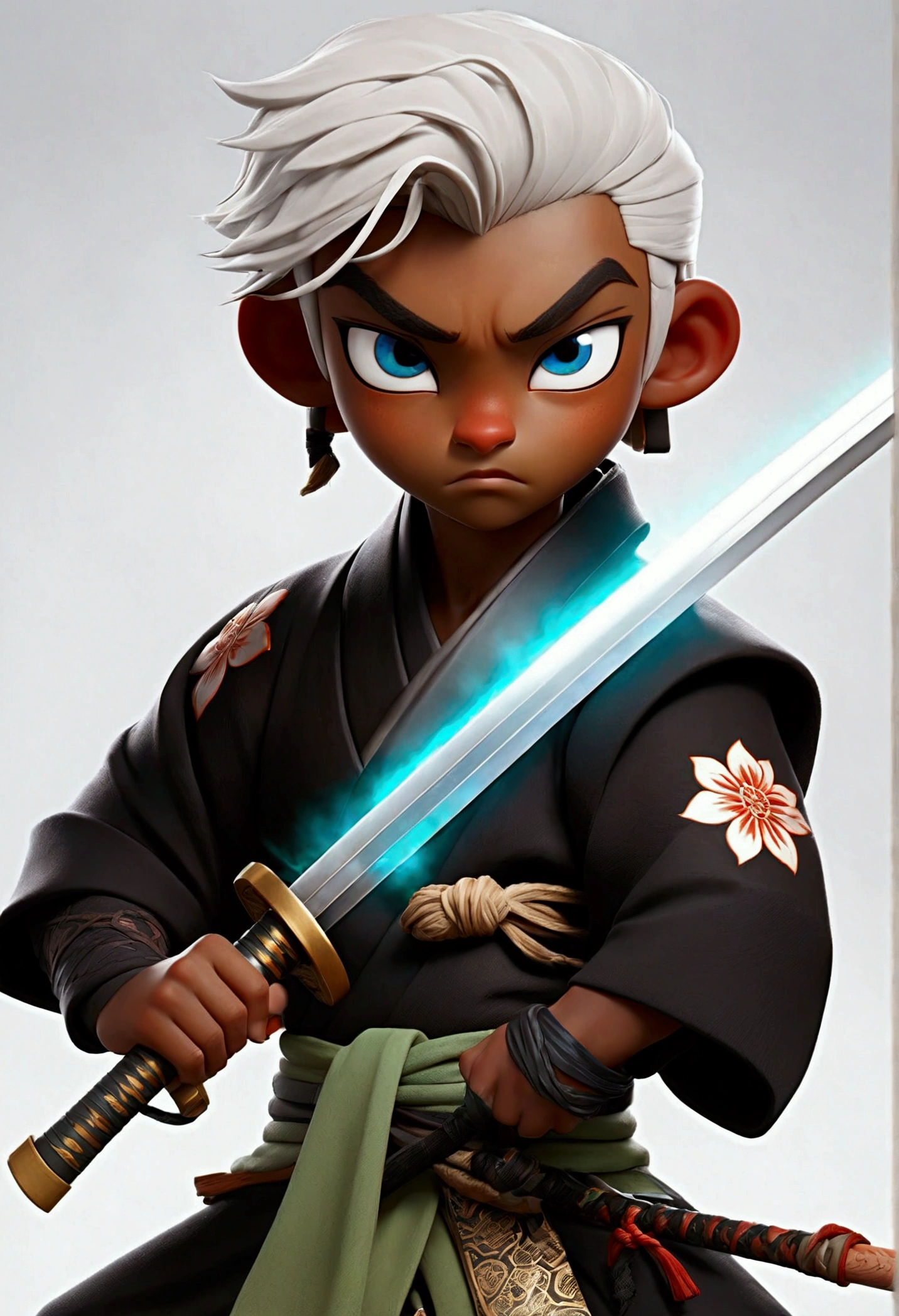Elfa with brown skin ,masculine-looking,with white hair, with green eyes, wearing a black kimono with blue details, with a black katana with blue shine and fire emerging from the katana