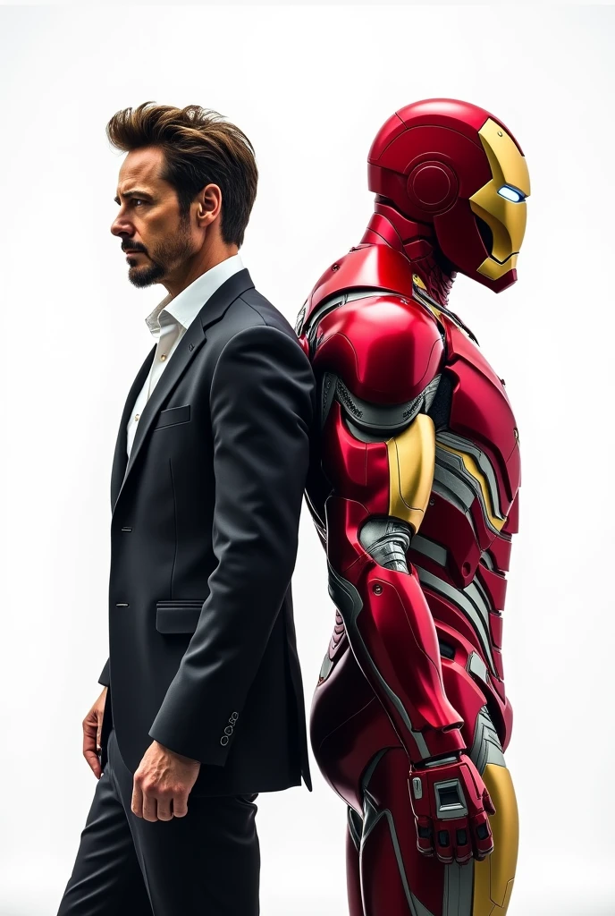 Tony Stark and Iron Man back to back looking at opposite sides in profile drawing with white background 
