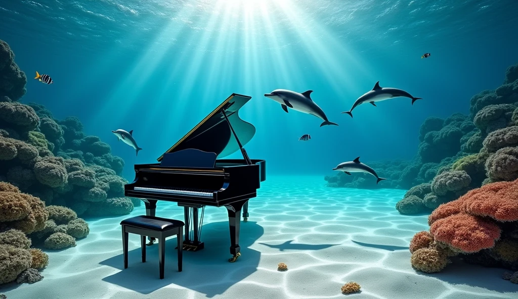 "A stunning underwater scene featuring a black grand piano resting on the sandy ocean floor. Several dolphins swim gracefully around the piano. The sunlight filters through the clear water, creating beautiful patterns on the sand and piano. The overall atmosphere is tranquil and mesmerizing, with the piano standing out against the vibrant blue tones of the ocean. The dolphins are playful and inquisitive, adding vibrancy to the serene underwater environment. The image is realistic, capturing fine details of the piano, dolphins and underwater light effects." Tropical fish swim gracefully around colorful coral. Change the composition to a top-down view