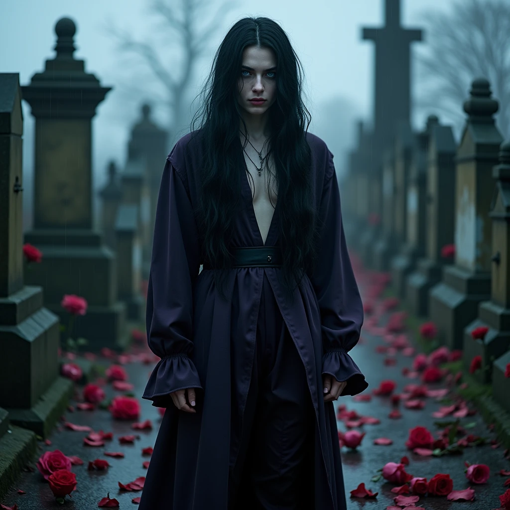 Male, 19-year-old, long black hair, teal blue eyes, gothic clothes. delicate features, no facial hair, no body hair, seductive, white and pale. Roses. Purple and black. Long eyelashes. No facial hair. Man. Male. No body or facial hair. Young male. Male. Raining blood from the sky. Scary atmosphere. Dark. In a graveyard. Raining blood from the sky. Raining blood. 