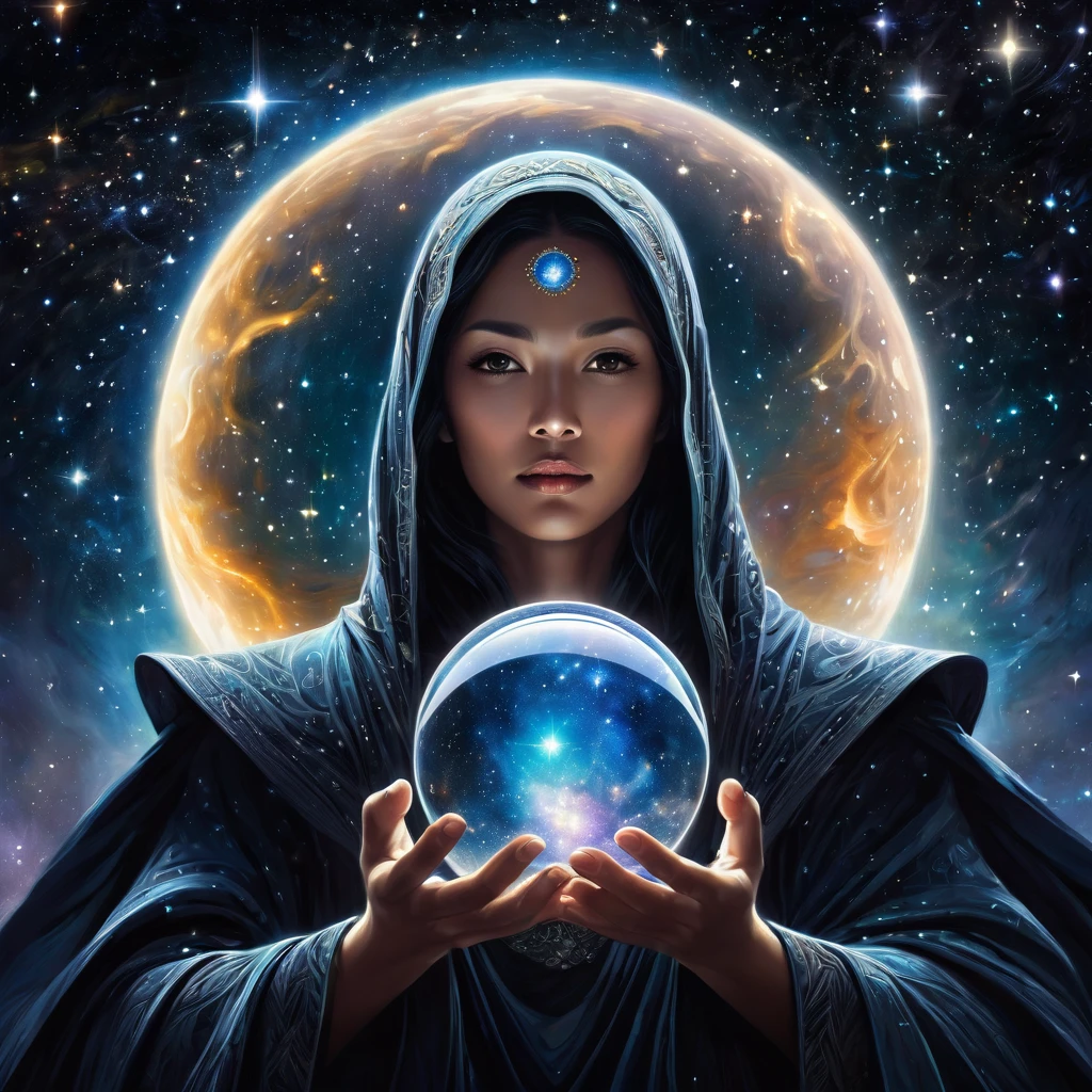 A cosmic, ethereal being stands in the vastness of space, embodying both the mystery and majesty of the universe. This guardian of the cosmos holds a glass orb in one hand, reflecting the world and the infinite universe within it. Its face is an endless void filled with stars, galaxies, and the cosmic night, representing the boundless expanse of space. The background is a deep, star-studded sky, evoking a sense of awe and reverence. The figure emanates a protective yet powerful presence, akin to a celestial overseer, its form blending seamlessly with the surrounding universe