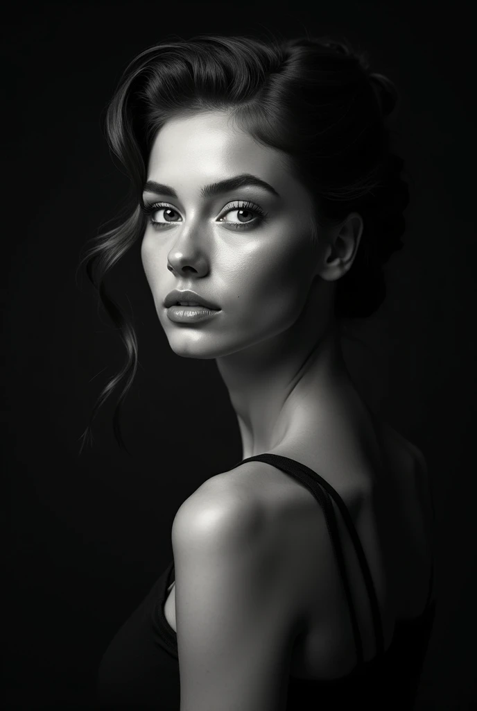 portrait photo de femme en studio photo, dark background, bun attached hair , photo noir et blanc dans le style de Peter lindbergh, ajoutez du grain+. portrai