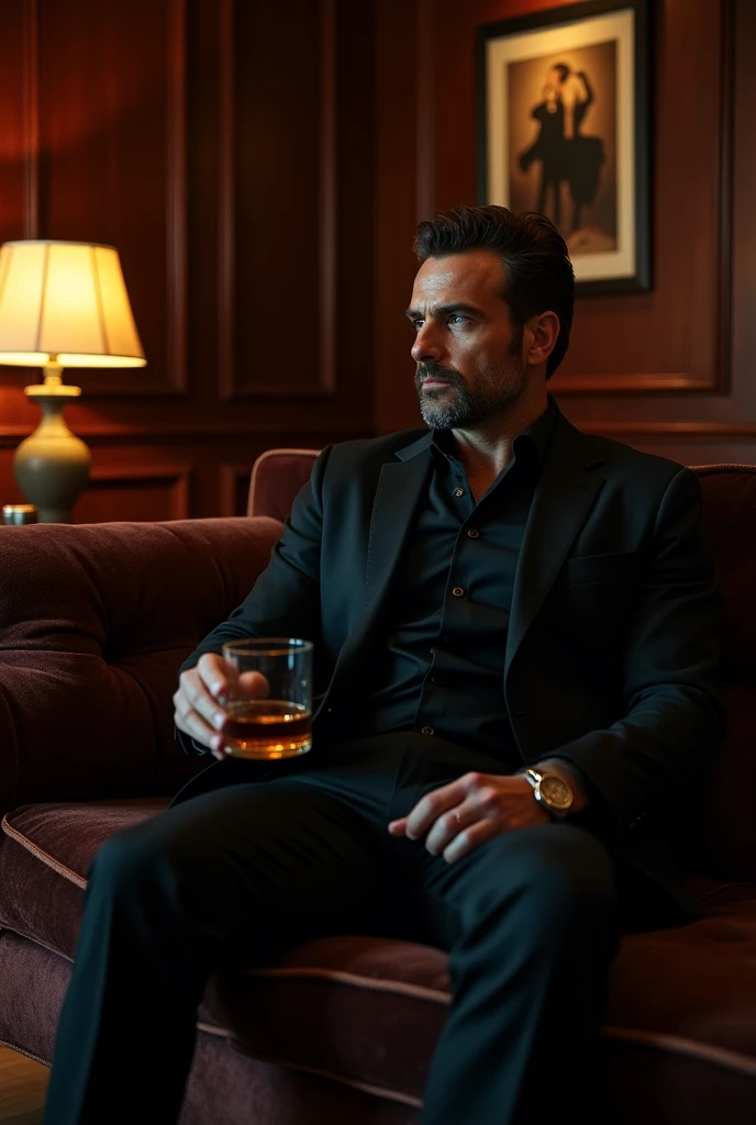 man, dressed in black, sitting on sofa