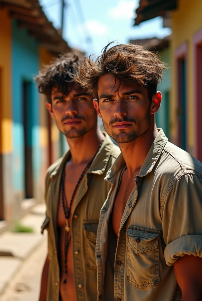 Man, beautiful, attractive face, hazel eyes, perfect jaw and chin, muscular, defined, attractive body , wearing a dirty, torn shirt , rebellious brown hair, sun-burnt , in the Brazilian favela , with houses from Brazil , with your friend with the same appearance, different face, from beside