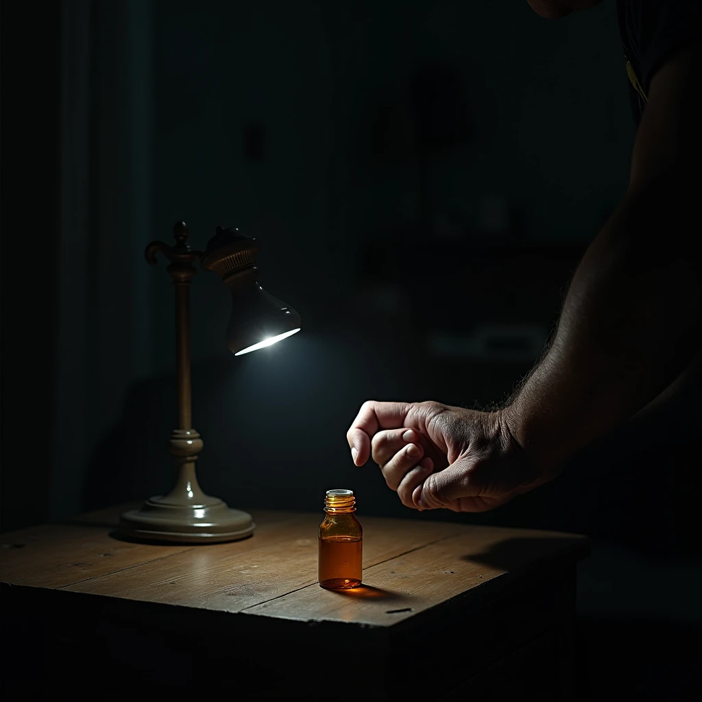 I need a detailed hand of a man taking a pill bottle in his dark room