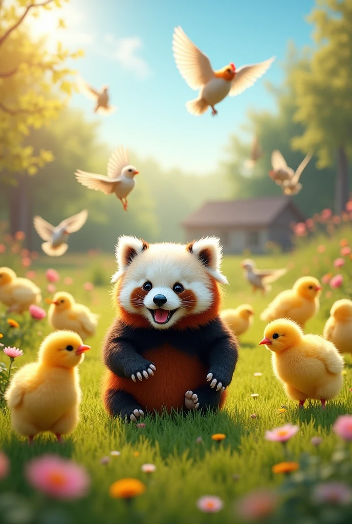 Little panda playing with chicks, cockatiels and hens on the farm!