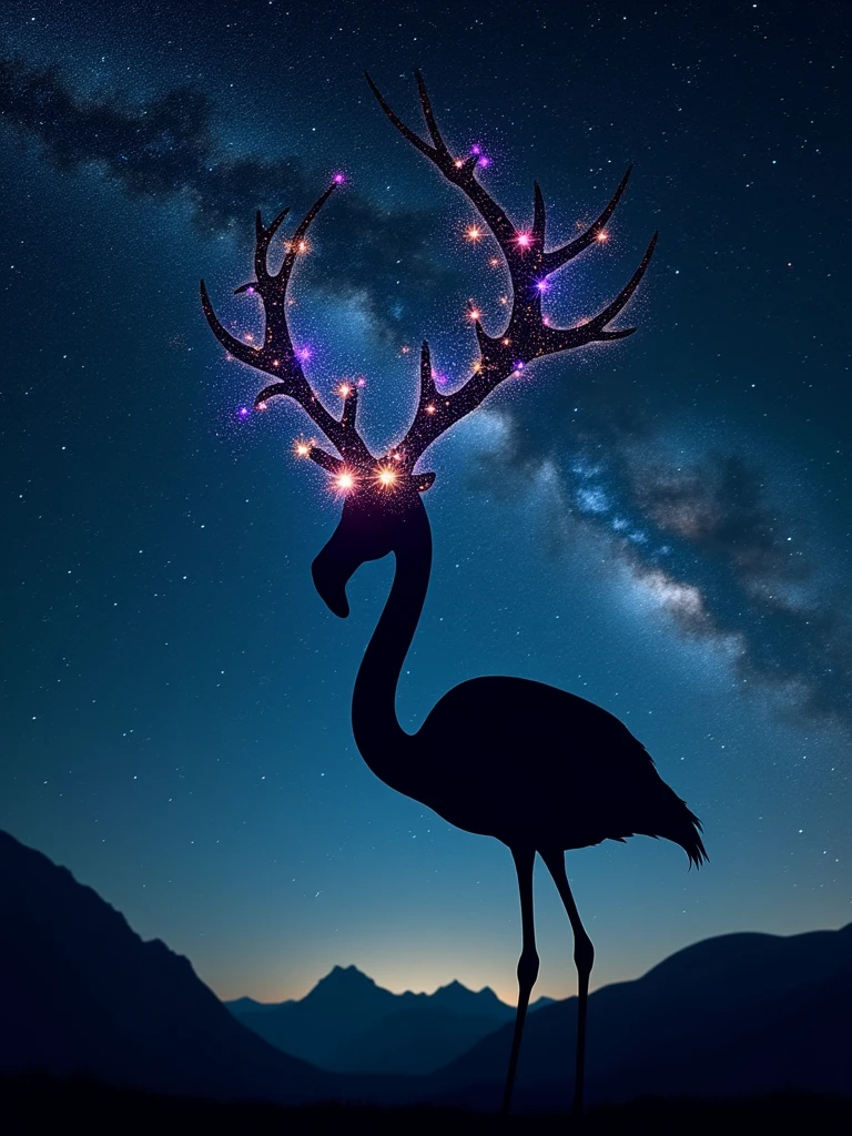 A celestial masterpiece showcases a silhouette of a flamingo, poised gracefully against a backdrop of a starry night sky. The flamingo's head is uniquely replaced with a majestic deer constellation, its antlers adorned with vibrant star clusters that shimmer in various colors. The deer's eyes, represented by two bright stars, add a sense of life and mystique to the celestial creature.

The night sky is a captivating tapestry of countless stars in varying sizes and hues, with the Milky Way adding depth as a faint, swirling band that stretches across the scene. The dark silhouette of the flamingo stands in stark contrast to the radiant night sky, yet the celestial deer head and its elegant pose create a harmonious blend of earthly and cosmic elements. This enchanting scene
