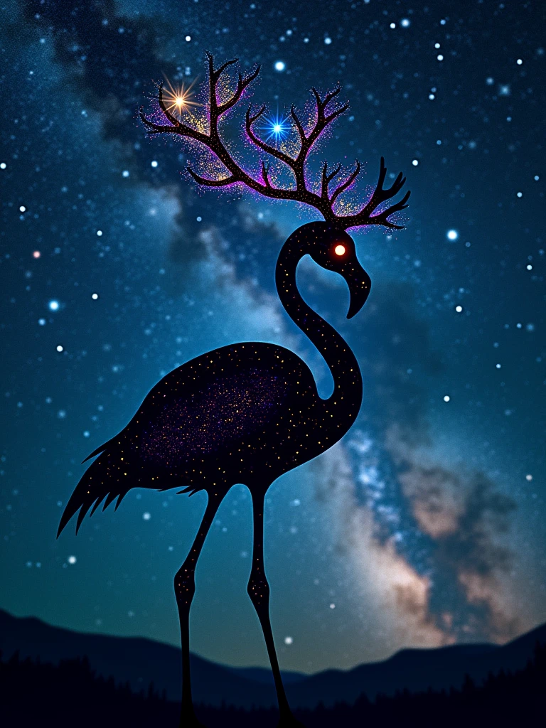 A celestial masterpiece showcases a silhouette of a flamingo, poised gracefully against a backdrop of a starry night sky. The flamingo's head is uniquely replaced with a majestic deer constellation, its antlers adorned with vibrant star clusters that shimmer in various colors. The deer's eyes, represented by two bright stars, add a sense of life and mystique to the celestial creature.

The night sky is a captivating tapestry of countless stars in varying sizes and hues, with the Milky Way adding depth as a faint, swirling band that stretches across the scene. The dark silhouette of the flamingo stands in stark contrast to the radiant night sky, yet the celestial deer head and its elegant pose create a harmonious blend of earthly and cosmic elements. This enchanting scene