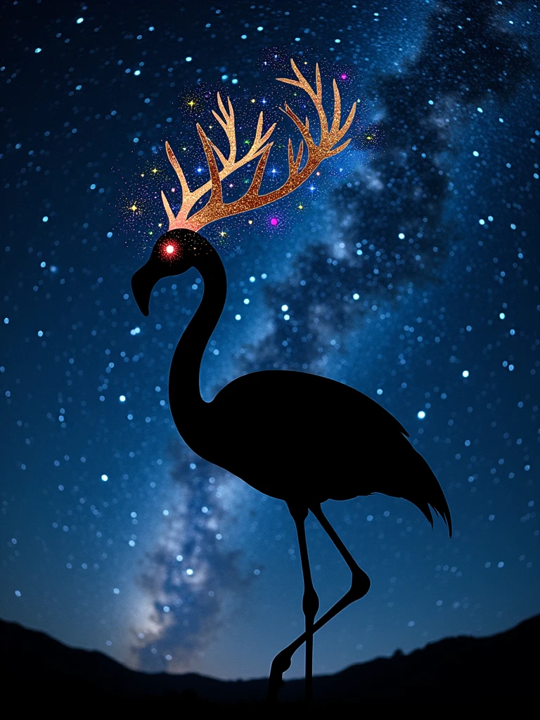 A celestial masterpiece showcases a silhouette of a flamingo, poised gracefully against a backdrop of a starry night sky. The flamingo's head is uniquely replaced with a majestic deer constellation, its antlers adorned with vibrant star clusters that shimmer in various colors. The deer's eyes, represented by two bright stars, add a sense of life and mystique to the celestial creature.
The night sky is a captivating tapestry of countless stars in varying sizes and hues, with the Milky Way adding depth as a faint, swirling band that stretches across the scene. The dark silhouette of the flamingo stands in stark contrast to the radiant night sky, yet the celestial deer head and its elegant pose create a harmonious blend of earthly and cosmic elements. This enchanting scene