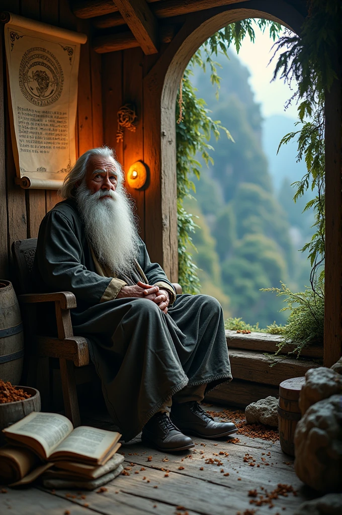 Old wise Hermit Sage, sitting in his mountain home, and old wizard shack. He is a master of mystical knowledge and ancient secrets. With a beard like wisps of silver smoke and eyes that gleam with the wisdom of ages, he has dedicated his life to the pursuit of forgotten lore, and the very air around him hums with potent, ancient magic. His abode is cluttered with scrolls and relics from ages past, protected by intricate runes and wards. 