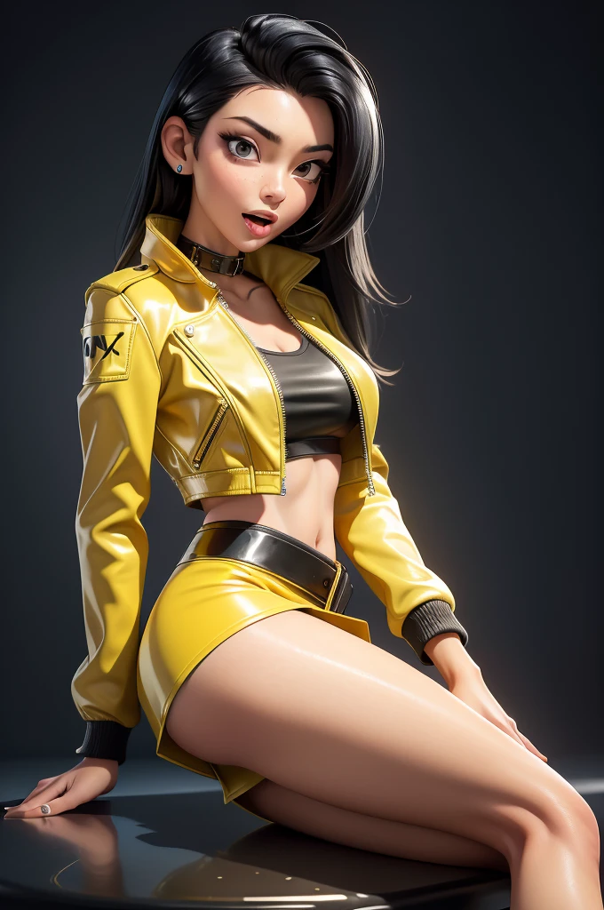 obra prima, melhor qualidade, ((only two women,)) ((kpop idol, straight black hair, mouth open wide, ecstasy expression,)) erect cone tits, ((wearing glassy gold leather biker moto jacket,)) ((jacket has padded shoulders, jacket has stiff high collar,)) (((wearing slick neon gold crumpled leather miniskirt, pussy visible,))) wearing louboutin heels, body is very skinny, ((sitting back, legs spread, mashing tits,)) ((camera front view of body,)) shallow depth of field, highres, HD, 8k, anatomically correct