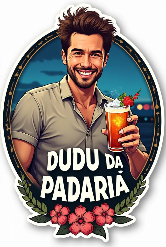 Create a photo of a WHITE MAN with an alcoholic drink in his hand with the name DUDU DA PADARIA ON THE IMAGE. and the number 242424 round image to turn into a political sticker 