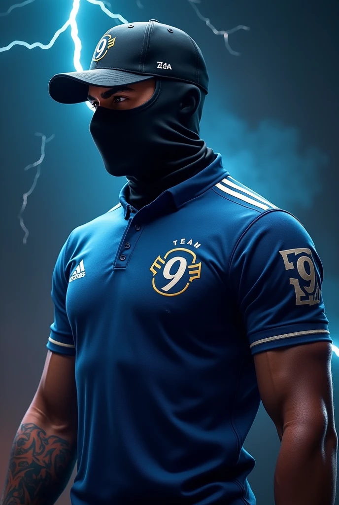 A character based on the game "free fire" with a black cap, a black mask, a blue team shirt with a nine "in the right side" With a black background with lightning and thunder for a profile picture