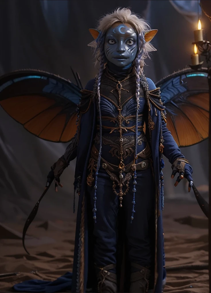 Dousan, gelfling, dark blue and orange beaded robes decorated with jewels and bones, short curly hair with long decorated braids, desert, dark blue skin with light swirling face paint, insect wings coming from back of shoulders, full body