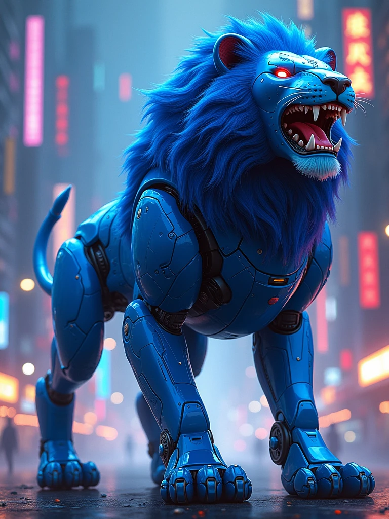 a digital illustration of a robotic creature with a lion-like appearance. The creature is predominantly blue with metallic silver and black accents. It has a large, angular head with a prominent, open mouth displaying sharp teeth. The eyes are covered by a blue, visor-like structure. The body is composed of various mechanical parts, including segmented limbs and a tail with a pointed tip. The overall design is sleek and futuristic, with a combination of sharp edges and smooth surfaces. The illustration style is bold and dynamic, with strong lines and shading to emphasize the mechanical nature of the creature.