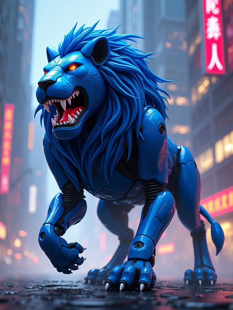 a digital illustration of a robotic creature with a lion-like appearance. The creature is predominantly blue with metallic silver and black accents. It has a large, angular head with a prominent, open mouth displaying sharp teeth. The eyes are covered by a blue, visor-like structure. The body is composed of various mechanical parts, including segmented limbs and a tail with a pointed tip. The overall design is sleek and futuristic, with a combination of sharp edges and smooth surfaces. The illustration style is bold and dynamic, with strong lines and shading to emphasize the mechanical nature of the creature.