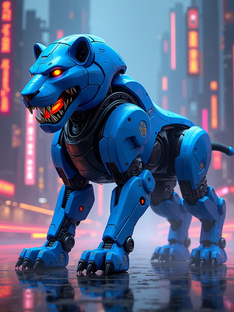 a digital illustration of a robotic creature with a lion-like appearance. The creature is predominantly blue with metallic silver and black accents. It has a large, angular head with a prominent, open mouth displaying sharp teeth. The eyes are covered by a blue, visor-like structure. The body is composed of various mechanical parts, including segmented limbs and a tail with a pointed tip. The overall design is sleek and futuristic, with a combination of sharp edges and smooth surfaces. The illustration style is bold and dynamic, with strong lines and shading to emphasize the mechanical nature of the creature.