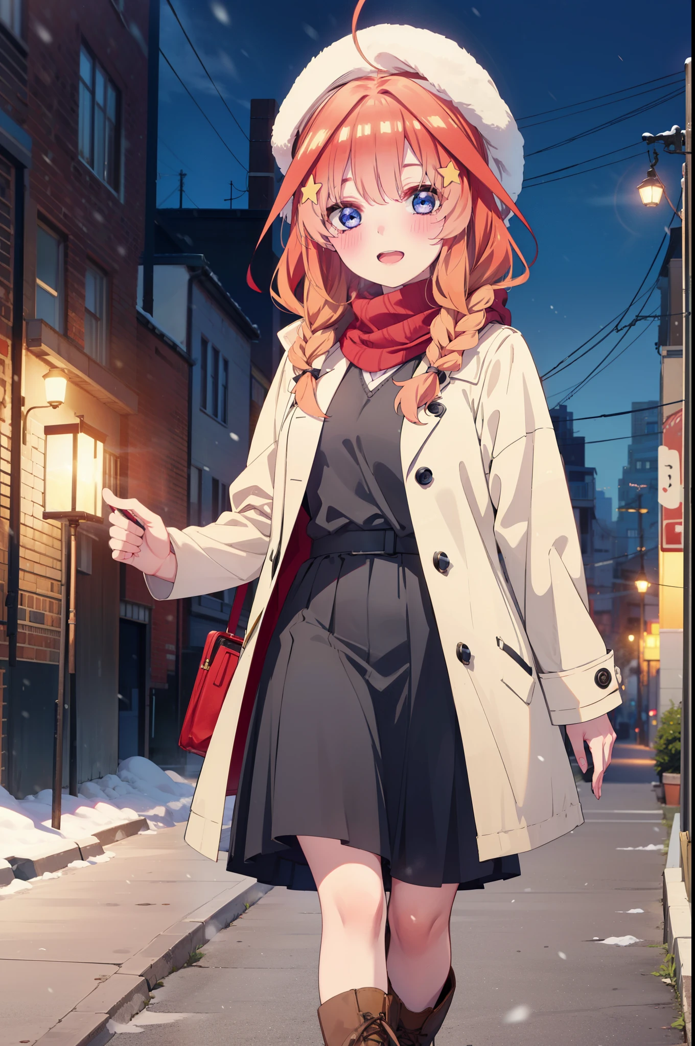 itsukinakano, Itsuki Nakano, bangs, blue eyes, Hair between the eyes, Ahoge, Redhead, star \(symbol\), hair ornaments, star hair ornaments,smile,Open your mouth,White Breath,blush,Long, thick braids,Knitted hat,White scarf,Red long coat,V-neck sweater,Black long skirt,Red pantyhose,short boots,snowが降っている,snowが積もっている,snow,snow,snow,snow,Walking,whole bodyがイラストに入るように,night,
break outdoors,Residential Street,
break looking at viewer, whole body,
break (masterpiece:1.2), Highest quality, High resolution, unity 8k wallpaper, (figure:0.8), (Beautiful attention to detail:1.6), Highly detailed face, Perfect lighting, Highly detailed CG, (Perfect hands, Perfect Anatomy),