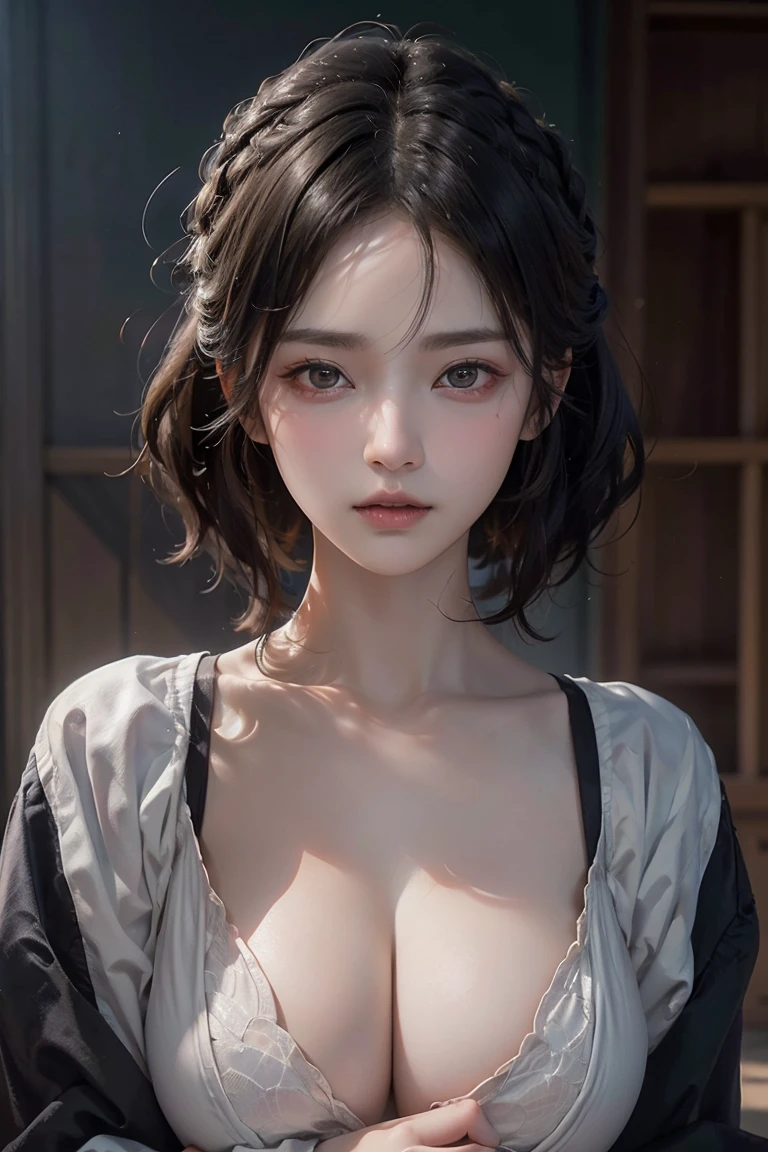 (masterpiece:1.3, Highest quality, Ultra-high resolution, Very detailed), (Realistic, photoRealistic:1.4), Perfect lighting, colorful, Written boundary depth, Browsing Caution, Surrealism,Beautiful detailsまでこだわった髪, Beautifully detailed face, Beautiful details, Perfect Face, Perfect Anatomy, Long necked supermodel,((Skinny 1.3)),Looking into the camera,(Perfect Anatomy),((beautiful girl:1.1)),(( Large Breasts: 1.3 )),(short hair:1.2, Wavy Hair:1.2, Black Hair) ,Dainty facial structure、Sengoku period、battlefield、battle、Female Samurai、Maid、armor、Battle attire、Japanese sword、Sword in both hands