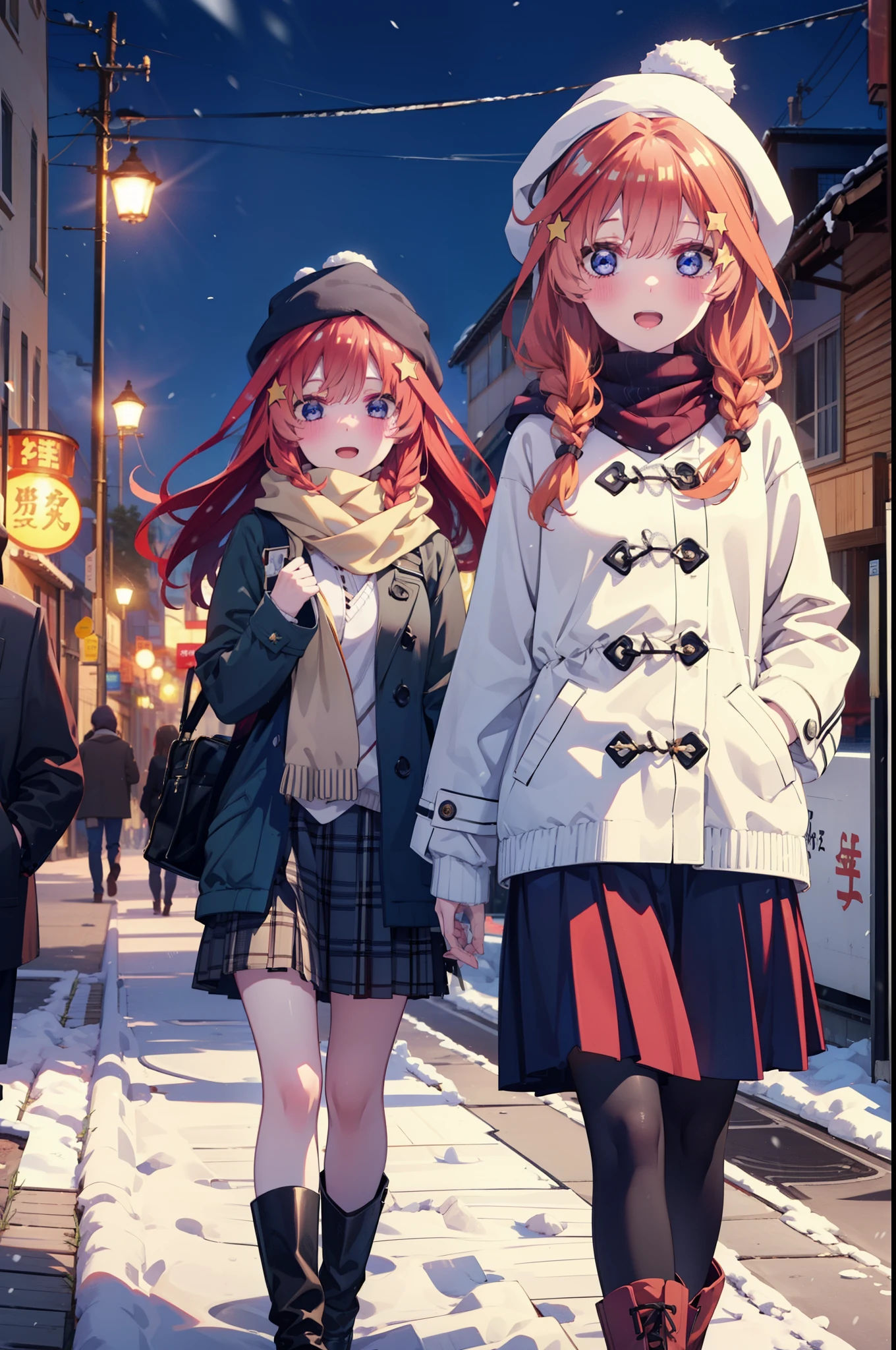 itsukinakano, Itsuki Nakano, bangs, blue eyes, Hair between the eyes, Ahoge, Redhead, star \(symbol\), hair ornaments, star hair ornaments,smile,Open your mouth,White Breath,blush,Long, thick braids,Knitted hat,White scarf,Red long coat,V-neck sweater,Black long skirt,Red pantyhose,short boots,snowが降っている,snowが積もっている,snow,snow,snow,snow,Walking,whole bodyがイラストに入るように,night,
break outdoors,Residential Street,
break looking at viewer, whole body,
break (masterpiece:1.2), Highest quality, High resolution, unity 8k wallpaper, (figure:0.8), (Beautiful attention to detail:1.6), Highly detailed face, Perfect lighting, Highly detailed CG, (Perfect hands, Perfect Anatomy),