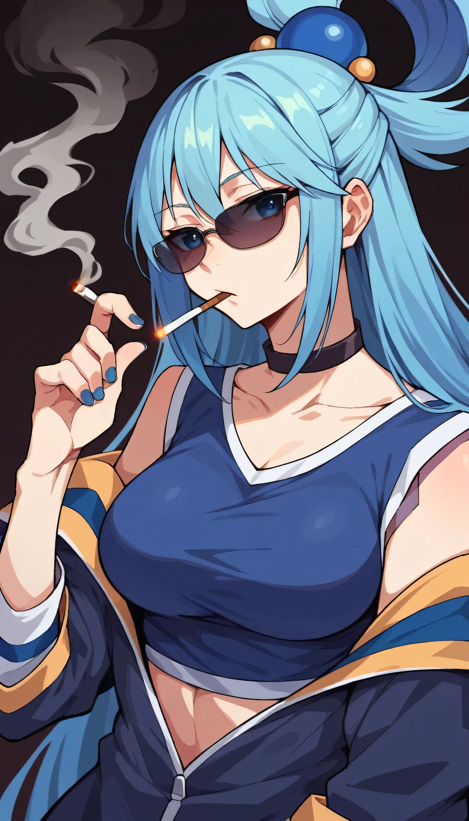 aqua \(konosuba\), blue eyes, very long hair, hair rings, hair bobbles, single hair ring, blue hair, hair ornament, long hair,cigarette, smoking, solo, nail polish,  sunglasses, smoke, choker, black choker, collar, jacket, mouth hold, holding, bangs