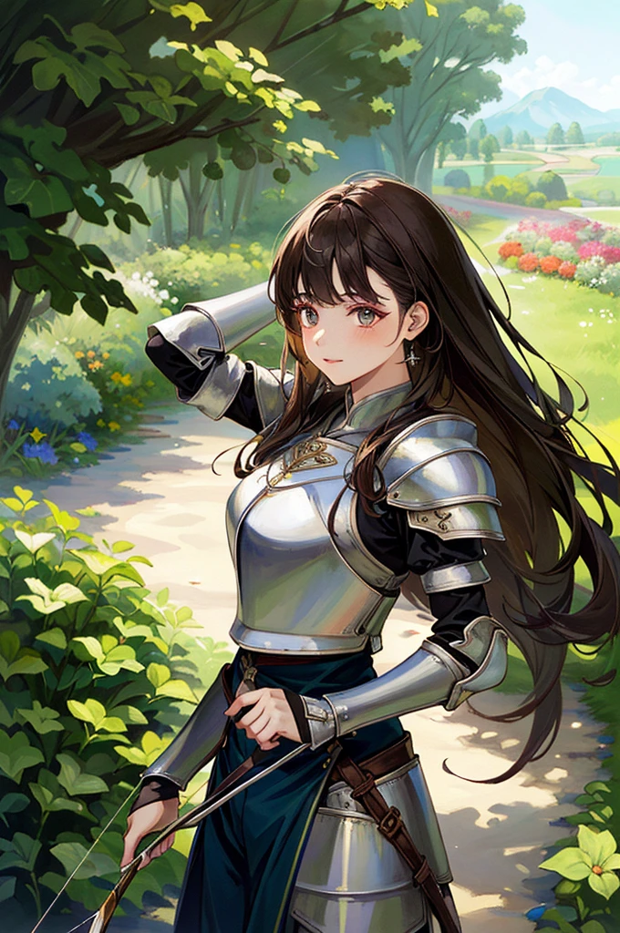 (masterpiece, Highest quality:1.5), Highest quality, High resolution, Very detailed, Realist, Full body photo of a 22-year-old brunette warrior, Fine and beautiful eyes, Beautiful lip detail, Very detailed目と顔, Long eyelashes, A 22-year-old warrior in noble armor wearing long pants, Beautiful and colorful makeup, Guiding arrows, The garden as a backdrop, Soft sunlight, Bright colors, Fine brushwork, Portrait Style, Beautiful color palette, Glowing Skin, Top-notch rendering, Capturing every detail, Enchanting atmosphere, Subtle shadows and light, (Perfect Anatomy:1.2), (A beautiful 22-year-old warrior with a bow and arrow. (Amazing panoramic views:1.2)