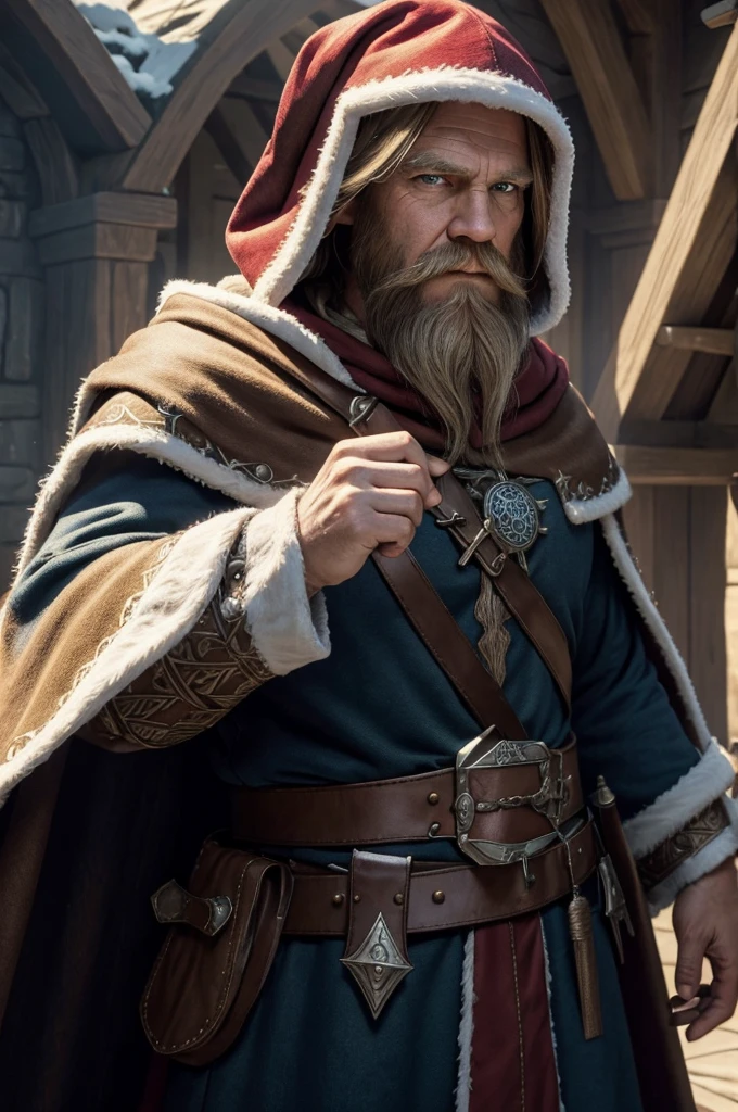 (master piece), 8k, best quality, elf, middle age, with hood, Norse Viking outfit, brown hood and Santa Claus cape, big white beard, pointy ears, blue eyes,