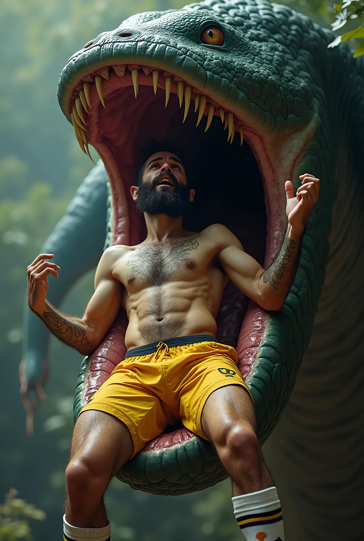 white male 40yo hairy handsome hiker with erect penis being carried by a worm monster and is swallowed by a giant worm monster, he is yelling in pleasure while becoming sexual food to his predator, interspecies, vore, wet, digestion, inside creature, beard, being swallowed, from above, coil, soccer player, underwear, yellow clothes, dilf, excessive cum, mucus, being swallowed, tattoos, bro, he is being engulfed by a mouth, white socks, claws, dirty sweaty socks, sweaty, wet, cum all over body, hairy body, logo socks, tentacles wrapping body, hardcore vore, digestive acids, maw, muscular athletic body, looking at viewer, erect penis, gym background, giant tongue, wet body, saliva, cum on anus, leaking anus, volumetric lighting, maw, he is inside the giant worm monsters mouth, reaching out to viewer
