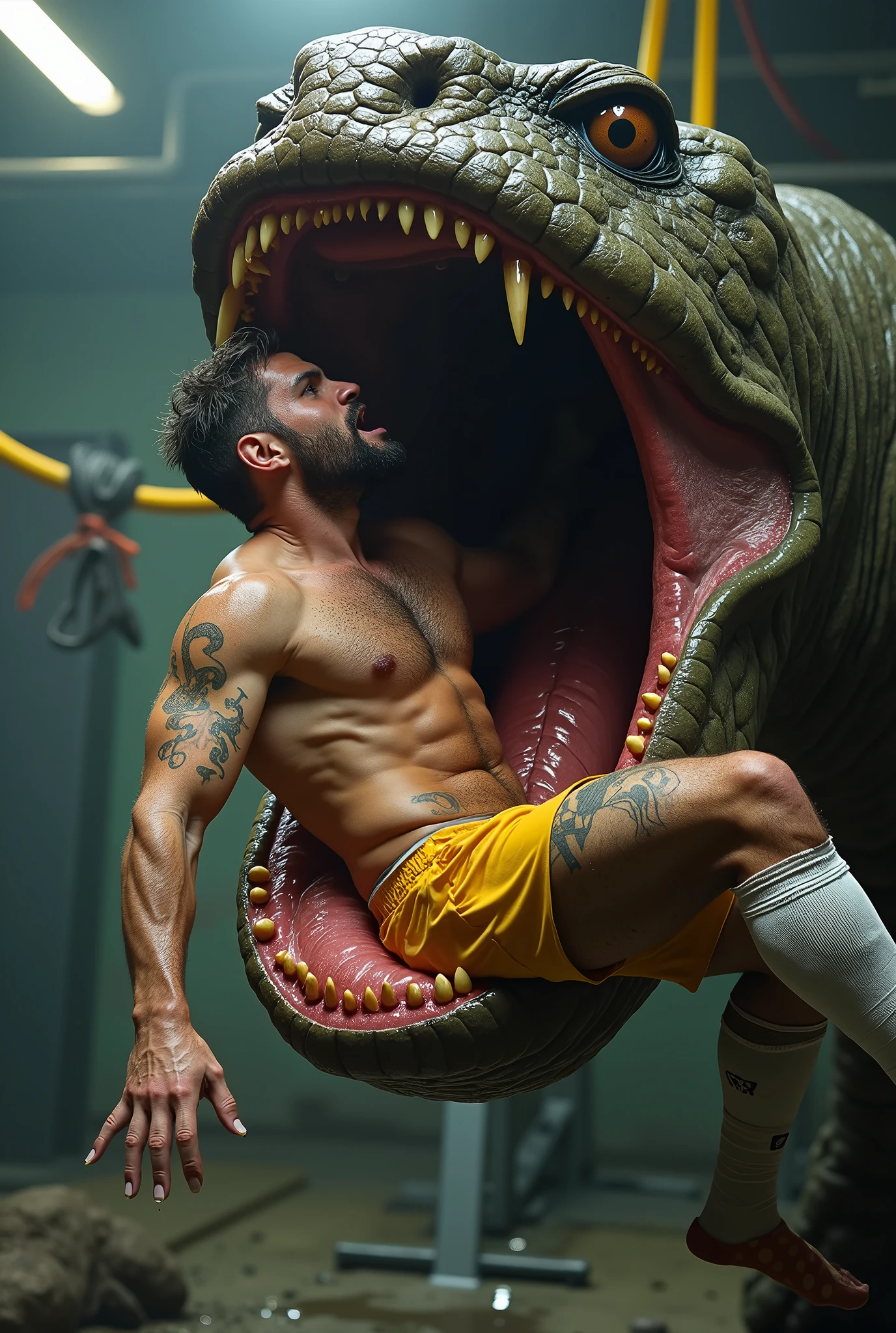 white male 40yo hairy handsome hiker with erect penis being carried by a monster and is swallowed by a giant worm monster, he is yelling in pleasure while becoming sexual food to his predator, interspecies, vore, wet, digestion, inside creature, beard, being swallowed, from above, coil, soccer player, underwear, yellow clothes, dilf, excessive cum, mucus, being swallowed, tattoos, bro, he is being engulfed by a mouth, white socks, claws, dirty sweaty socks, sweaty, wet, cum all over body, hairy body, logo socks, tentacles wrapping body, hardcore vore, digestive acids, maw, muscular athletic body, looking at viewer, erect penis, gym background, giant tongue, wet body, saliva, cum on anus, leaking anus, volumetric lighting, maw, reaching out to viewer
