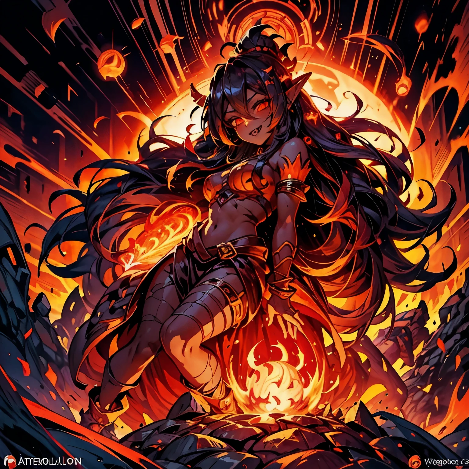 full body league of legends illustration of a female lava goblin shaman, molten land background