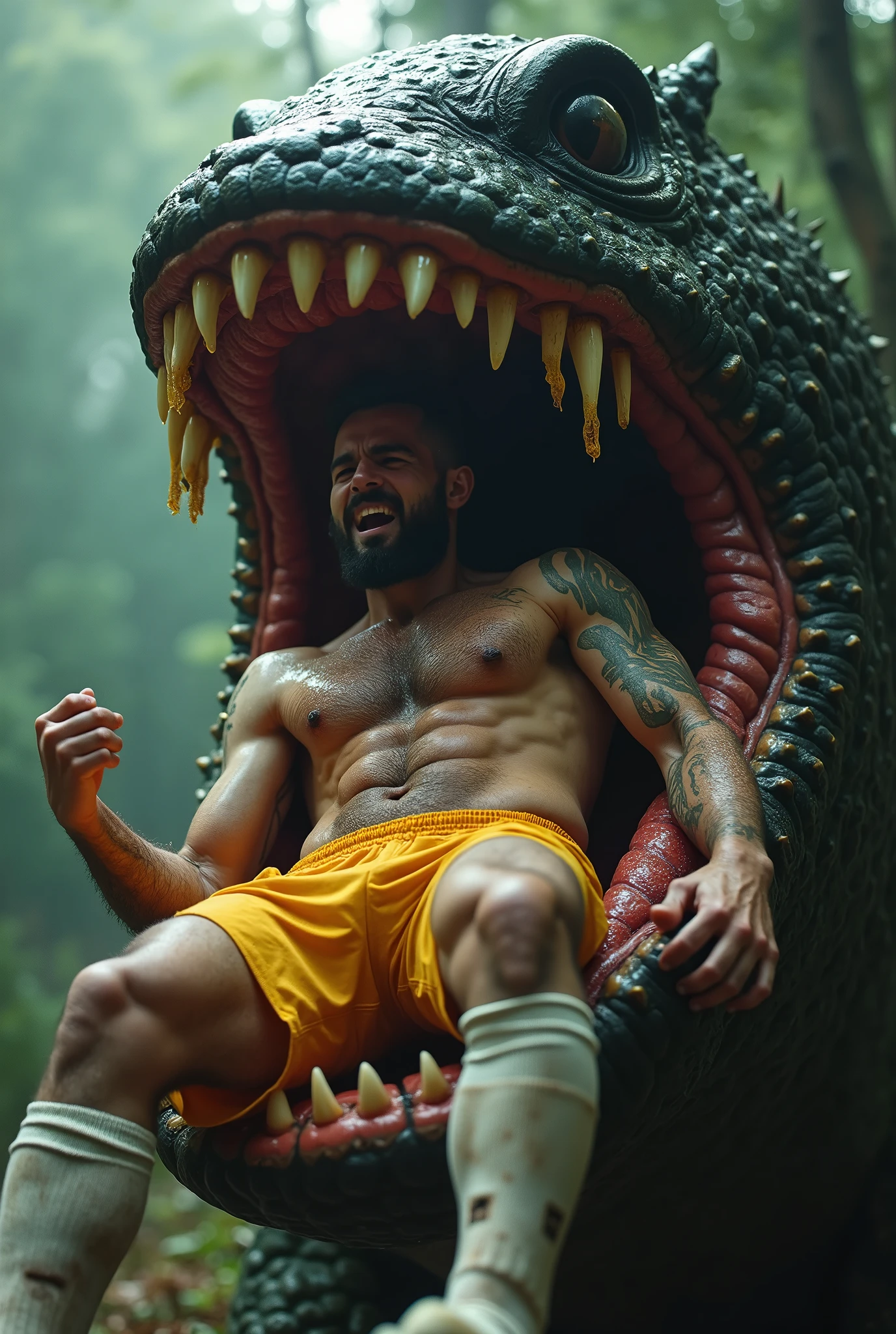 white male 40yo hairy handsome hiker with erect penis being carried by a monster and is swallowed by a giant worm monster, he is yelling in pleasure while becoming sexual food to his predator, interspecies, vore, wet, digestion, inside creature, beard, being swallowed, from above, coil, soccer player, underwear, yellow clothes, dilf, excessive cum, mucus, being swallowed, tattoos, bro, he is being engulfed by a mouth, white socks, claws, dirty sweaty socks, sweaty, wet, cum all over body, hairy body, logo socks, tentacles wrapping body, hardcore vore, digestive acids, maw, muscular athletic body, looking at viewer, erect penis, gym background, giant tongue, wet body, saliva, cum on anus, leaking anus, volumetric lighting, maw, reaching out to viewer