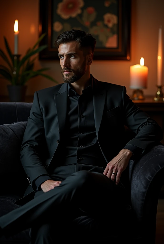  man, dressed in black, sitting on sofa