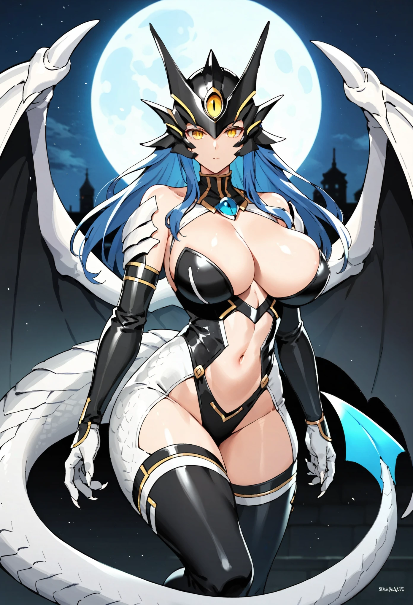 , score_9, score_8_up, score_7_up, score_6_up, BREAK source_anime, best quality, masterpiece, 1girl, corrupted dragon girl, white skin, black and white clothing, two-piece bodysuit, silvery shining bodysuit, revealing clothes, blue cleavage, midriff, voluptuous, long blue hair, yellow-eyes, black dragon wings, white dragon tail, big large breasts, white gloves, white claws, black thighhighs, white dragon clawhand, white dragon clawfeet, white dragon helmet, expressionless, looking at viewer, night sky, post-apocalypse, crumbling city on background, late night, moon, dark alleyway, detailed face, 